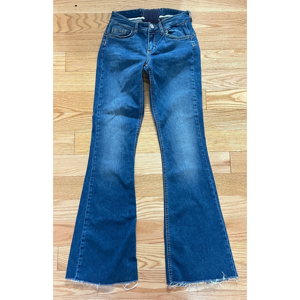 Liu Jo Milano Flare Jeans Blue Raw Hem Smocked Back Denim Womens Size 28
